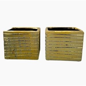 Textured Gold Ceramic Cube Planters Set of 2 Handmade 5x5x4 Home Decor New